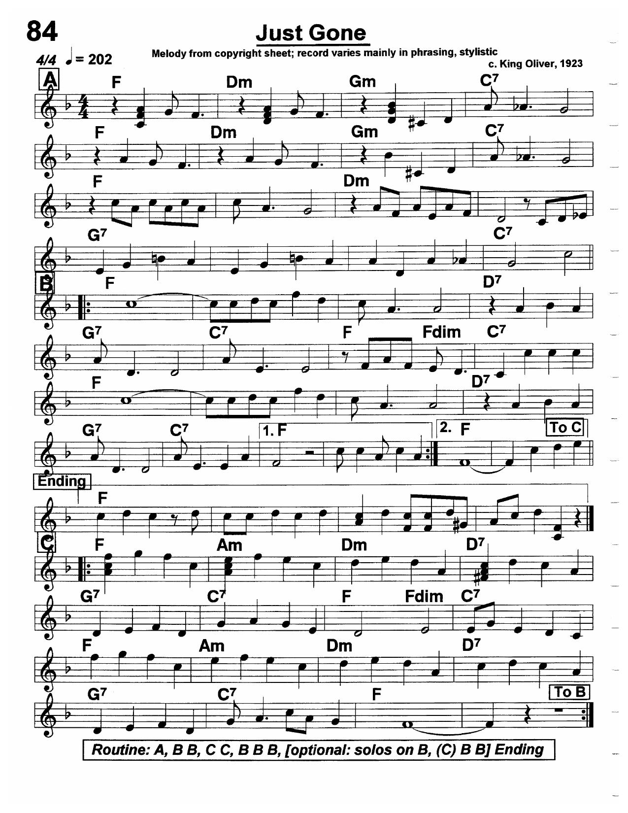 Lead sheet for "Just Gone" — melody and chord changes, c. King Oliver 1923